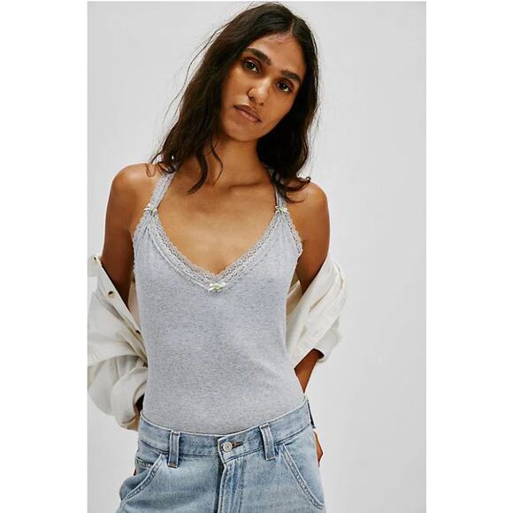 Free People Intimately EVIE ROSETTE Lace Trim T-Back Bodysuit in Gray M NWOT $50 - Picture 3 of 9